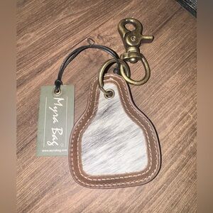Myra Bag Keychain Brown and White Fur Pony Brook Key Fob Black White calf hair